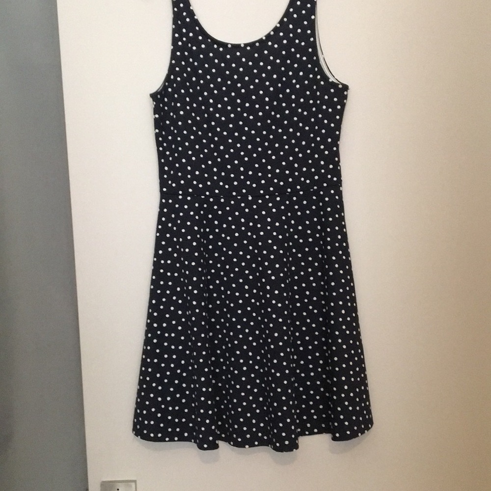 Blue and white polka dot dress